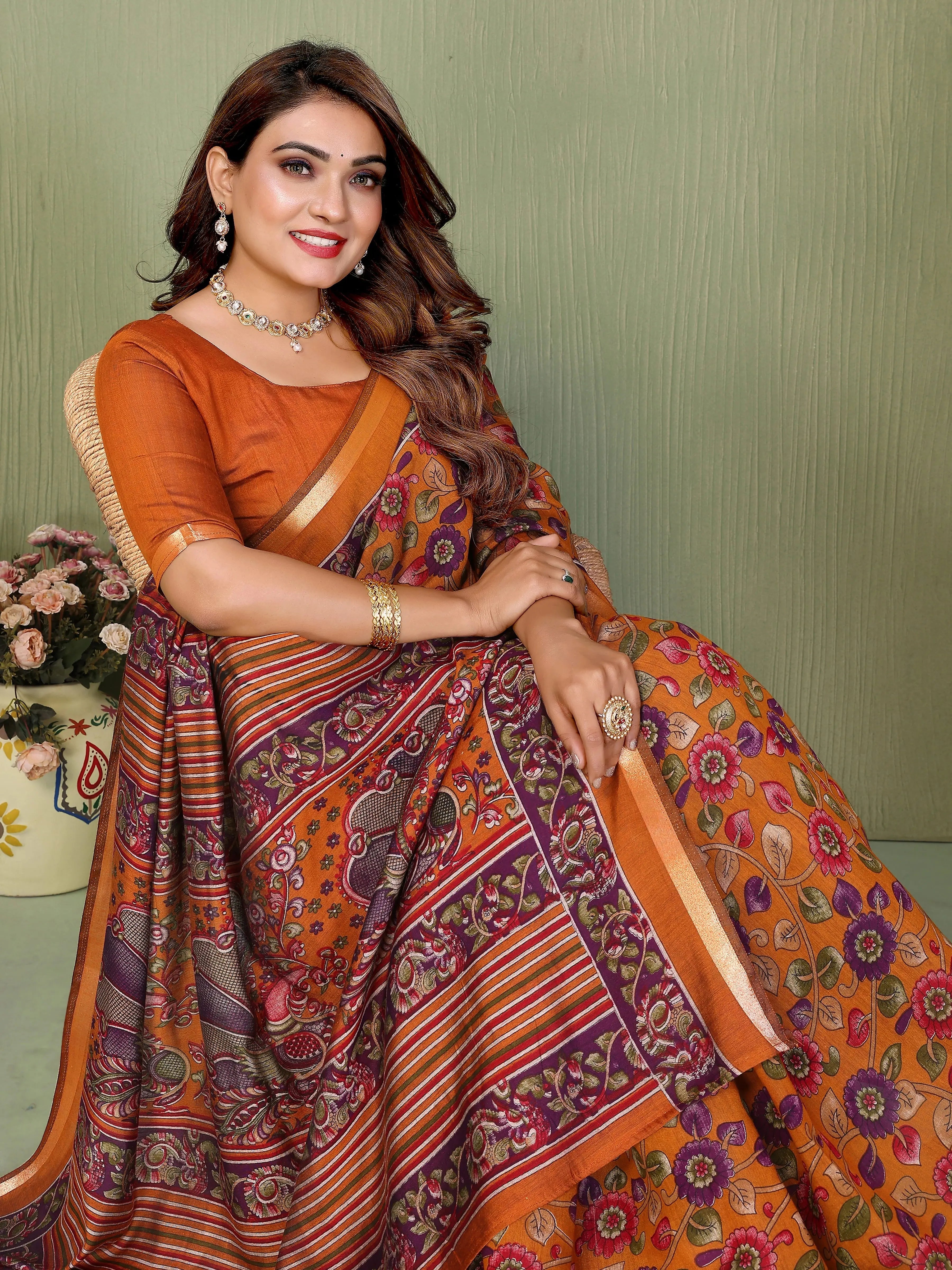 Orange Kalamkari Print Mul Cotton Saree – Kalyanja